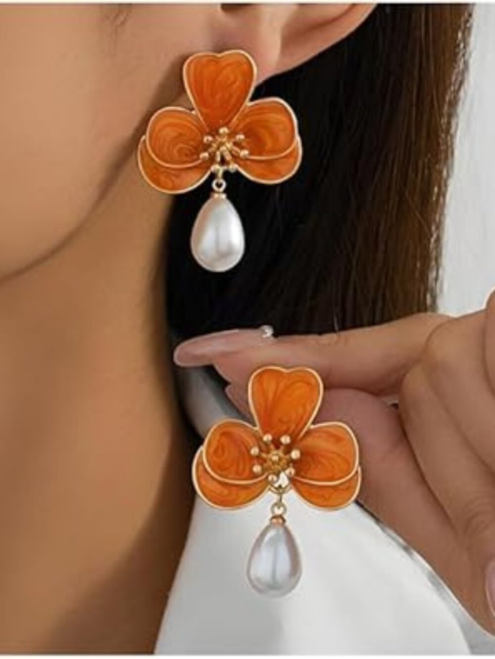 Flower Earrings with Pearl's Pretty Orange Petals Dangle Drop